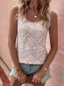 EMERY ROSE Women's Spring/Summer New Hot-Selling Faux Lace Printed Pattern U-Neck Casual Versatile Plus Size Tank Top - Multicolor - View 4
