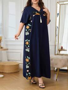 Al Najma Plus Size Women's V-Neck Ruffle Short Sleeve, Mesh Embroidery Patchwork Front Tassel Loose Turkish Dress - Navy Blue - View 5