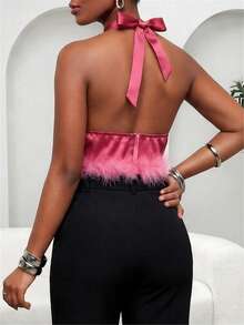 Glyssa Ladies' Summer Holiday Carnival Rose Pink Woven Deep V-Neck Halter Neck Sexy Ultra Short Top , Feather Decoration Club - Watermelon Pink - View 2