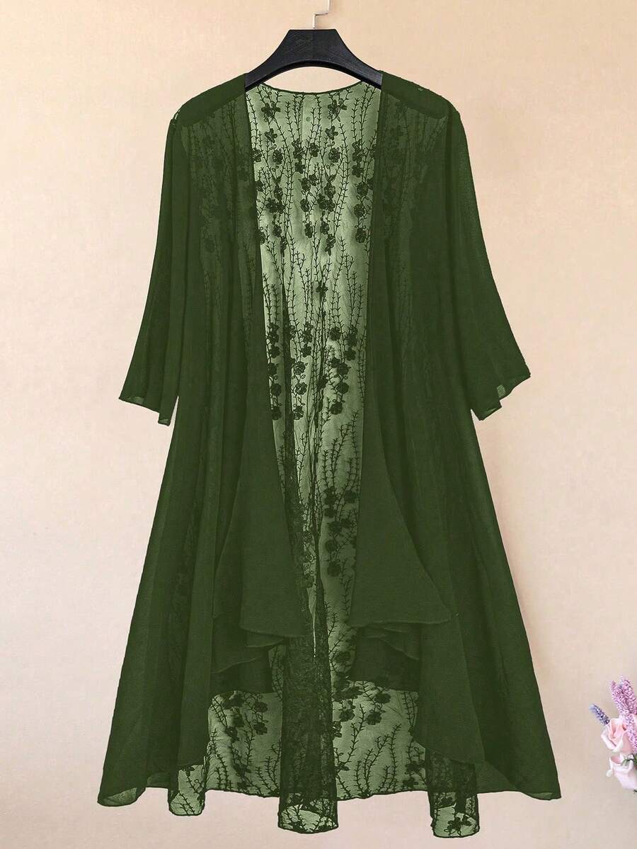 EMERY ROSE Plus Size Women's Solid Color Casual Versatile Daily Wear Cardigan Fall - Army Green - View 1