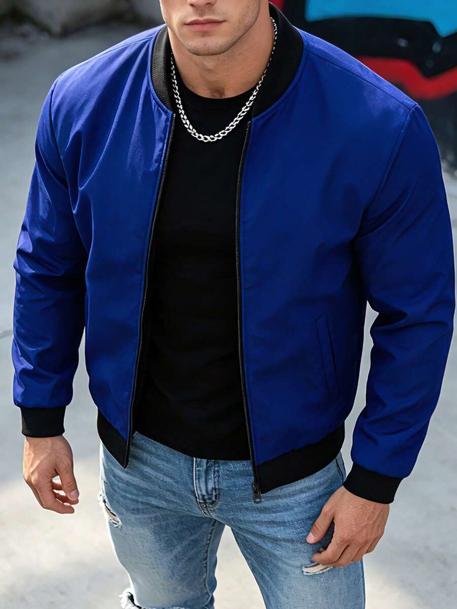 Manfinity Homme Men's Colorblock Long Sleeve Zipper Placket Casual Baseball Jacket - Blue - View 1