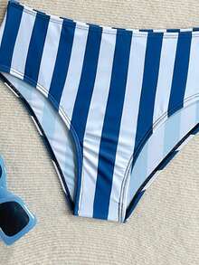 SHEIN Teen Girls Red Striped Pattern Print Bikini Set Simple Swimsuit Beach Vacation Outfit Suitable For Summer - Navy Blue - View 5