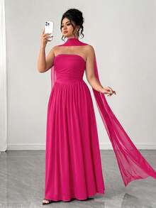 Elenzga Vestido largo de mujer de verano con bufanda de malla, pliegues en el pecho, dobladillo extra largo hasta el suelo, elegante, de moda y romántico - Rosa Fucsia - Ver 4