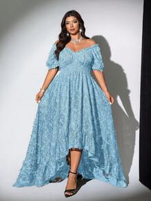 Viva Relle Plus Size Women's Off-Shoulder Short Sleeve French Vintage Youthful Sweet Sexy Dress - Blue - View 4