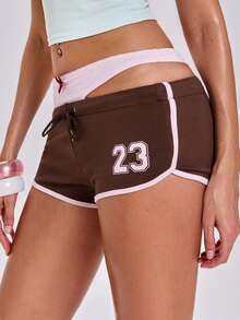 ACID BLVD Spring/Summer Y2K Sporty Girl Streetwear Patchwork Waistband Mini Contrast Color Shorts - Brown - View 5