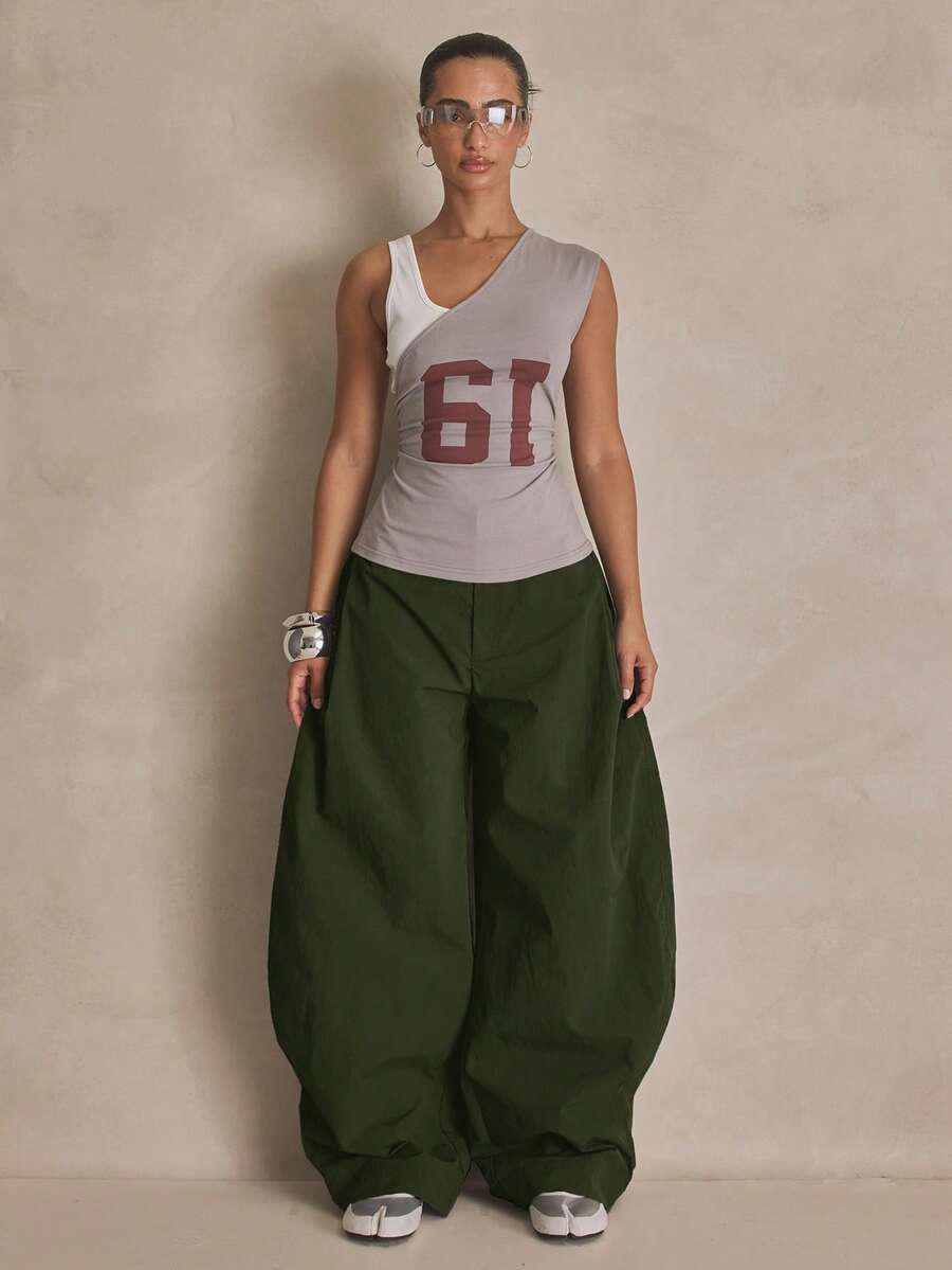 MUSERA Nylon Balloon Leg Button Hem Pleat Trousers Summer, Sporty, Casual, Day, Streetstyle, Streetwear - Army Green - View 1
