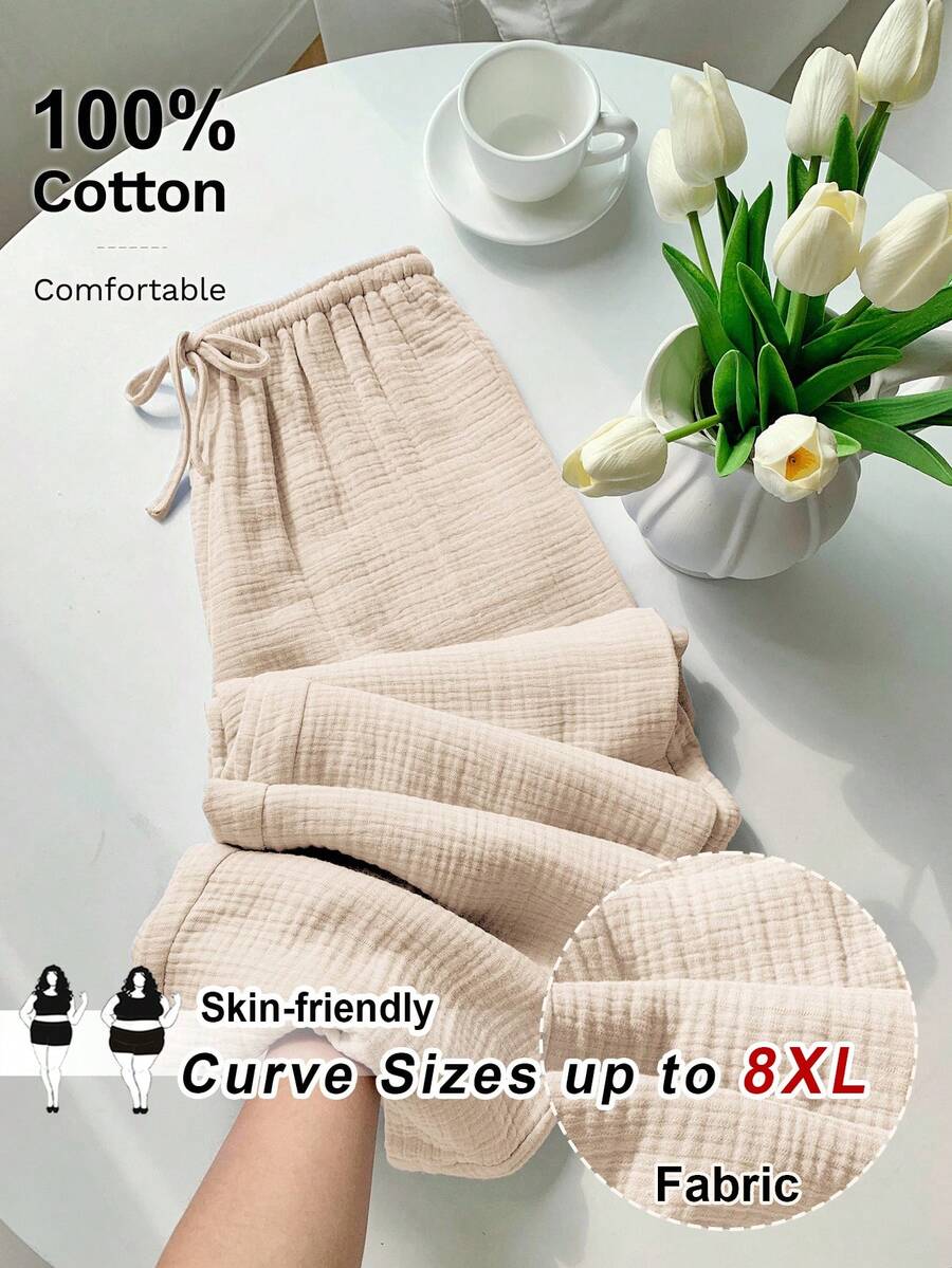 SHEIN CURVE+ Curve 尺码 US22 音乐节、海滨度假、波西米亚风女士夏季休闲沙滩装、时尚商务通勤优雅阔腿裤,带口袋,莲花粉色,夏季长裤/乡村/海滩度假装/沙滩装/沙滩服饰 - 杏色 - 查看 1