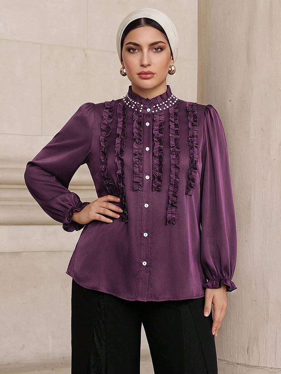 Graceveil Elegant Solid Color Ruffle Collar Long Sleeve Fitted Plus Size Blouse, Suitable For Spring And Autumn Elegant Blouse For Women Vacation - Purple - View 1