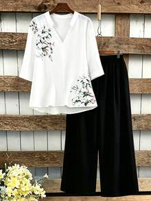 Linhara Plus Size Women's Elegant Intellectual Minimalist Style Ink Floral Print Shirt And Simple Long Pants 2-Piece Set, Suitable For Workplace Commute, Daily Casual Outings, Everyday Wear - Black and White - View 7