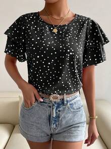 SHEIN Holidaya 女款圓領波點圖案休閒荷葉邊短袖襯衫 - 黑色 - 查看 4