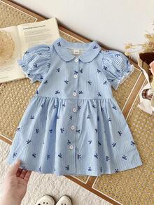 SHEIN Playful Pals 女嬰夏季短袖洋裝，時尚百搭可愛藍白條紋蝴蝶結圖案印花領泡泡袖休閒學院風，清新條紋學院風泡泡袖襯衫短袖洋裝，適合春夏季外出、日常休閒舒適穿著，適合戶外玩耍與度假 - 藍色 - 查看 9
