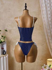 SHEIN Swim 女款兩件式分開式比基尼套裝 熱帶多色可愛波點印花 細肩帶可調節 側綁帶褲 暢銷海灘度假休閒優雅情人節比基尼套裝 - 彩色 - 查看 3