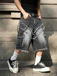 Manfinity Denimwave Men's Button Front Straight Leg Denim Shorts With Frayed Hem And Patch Pockets - Light Grey - View 5