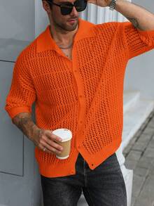 Manfinity Homme Men's Plus Size Solid Color Short Sleeve Single Breasted Casual Knit Cardigan Vacation Orange Red Summer Vacation Vacation - Orange - View 6
