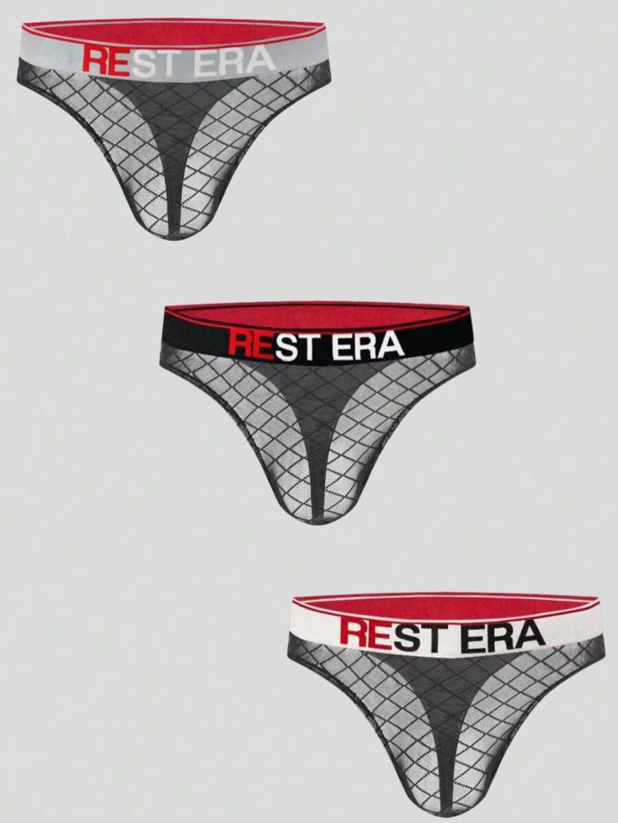 Rest Era 男士時尚字母印花丁字褲 3件組 - 彩色 - 查看 1