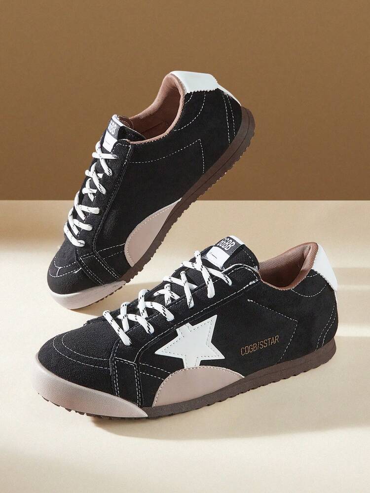 CUCCOO EASI Women's Shoes Color Matching Lace-Up Round Head Flat Bottom Casual Sports Shoes Casual Style Imitation Suede PU Leather Black Casual Sports Shoes Dail