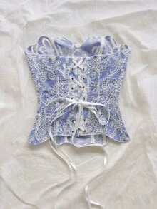 Soleia 女款度假風性感浪漫華麗優雅前衛抹胸修身魚骨鏤空刺繡深夜外出上衣 - 藍白色 - 查看 2