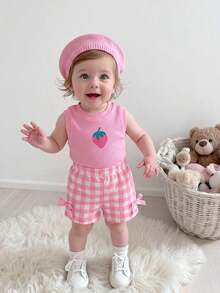 SHEIN Playful Pals 女婴夏季蓝色纹理无袖上衣和蓝色格子短裤套装，饰有蓝色蝴蝶结，日常必备单品 - 粉色 - 查看 5