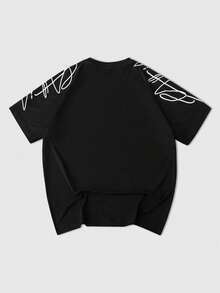 ROMWE MEN Street Life Men's Puff Print Loose Short Sleeve T-Shirt - Black - View 2
