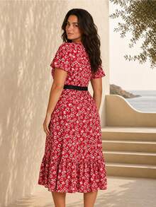 ELLERISSA Plus Size Red Ditsy Print V-Neck Short Sleeve Tea Dress With Lace Trim - Red - View 2