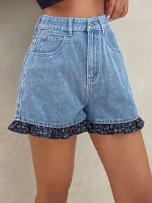 DAZY Shorts vaqueros de mujer con parches florales - Azul - Ver 4