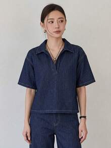 Dazy-Less 女士条纹短袖T恤和纽扣口袋牛仔裤套装，春夏款 - 藍色 - 查看 3
