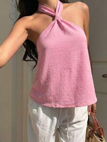 SHEIN EZwear 女士夏季沙滩度假粉色编织扭结露背上衣 - 粉色 - 查看 4