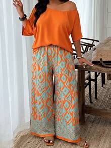 Weeklong Plus Size Orange Off-Shoulder Loose Top & Geometric Print Wide Leg Pants Set, Casual Resort Style For Spring Summer Fall - Multicolor - View 4