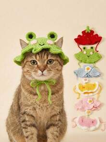 PETSIN 1 Handmade Knitted Pet Hat In The Shape Of A Small Dog/Cat/Frog, Made Of Polyester Material, Fun Party Headpiece, Suitable For Small Cats To Wear - Multicolor - View 3