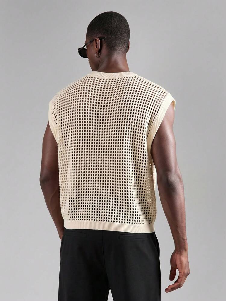 Open Knit Mesh Sleeveless Sweater Vest Crew Neck Tank Top Summer Breathable Casual Layering Essential Lightweight Knitwear