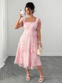 Elenzga Women's Elegant Pink Square Neck Puff Short Sleeve Elastic Waist Invisible Zipper Heavy Embroidery Floral Midi Dress,Daily, Commuting, Dating, Party - Pink - View 4