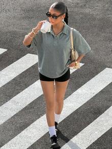 Muchica 大尺碼女款素色休閒百搭日常出遊短袖T恤 - 軍綠色 - 查看 4