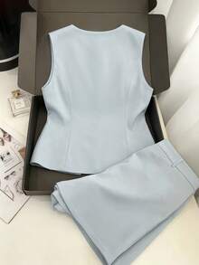 SHEIN Clasi Baby Blue Sleeveless Rhinestone Button Front Shirt And Wide Leg Shorts, Elegant Commuter Women's Two Pieces Set Office Summer - Blue - View 2