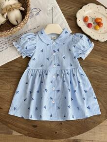 SHEIN Playful Pals 女嬰夏季短袖洋裝，時尚百搭可愛藍白條紋蝴蝶結圖案印花領泡泡袖休閒學院風，清新條紋學院風泡泡袖襯衫短袖洋裝，適合春夏季外出、日常休閒舒適穿著，適合戶外玩耍與度假 - 藍色 - 查看 10