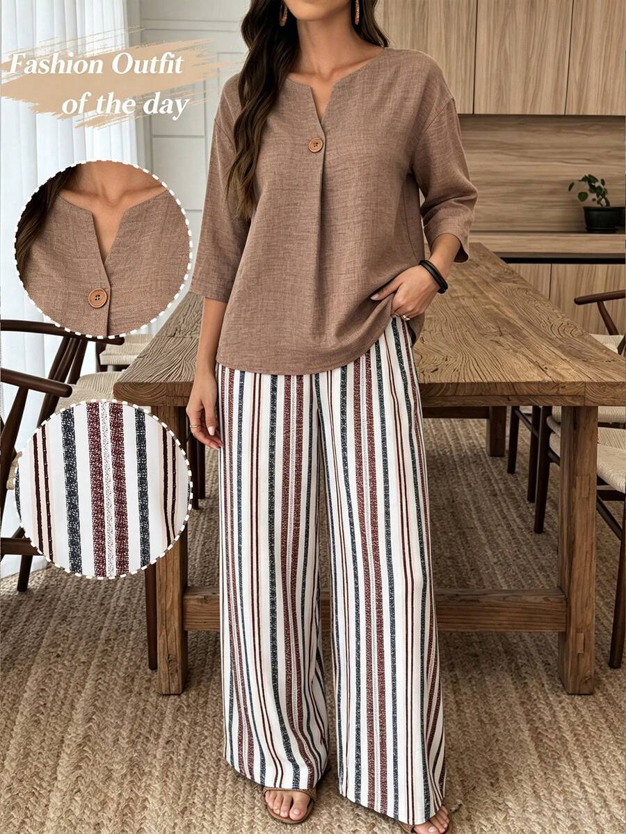 SHEIN LUNE Women's Solid Color Notched V-Neck 3/4 Sleeve Shirt And Striped Pants Casual Set - Multicolor - View 1