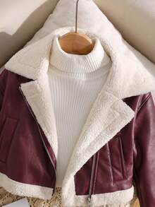 SHEIN Tween Girl Casual Street Chic Motorcycle Collar Metal Zipper Closure PU Lined Fleece Composite Fleece Short Long Sleeve Lapel Patchwork Faux Fur Jacket Coat, Black In Fall/Winter - Burgundy - View 4