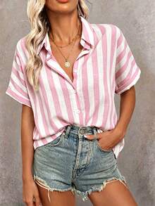 SHEIN Holidaya 女款條紋拼接休閒百搭日常出遊襯衫 - 粉色 - 查看 6