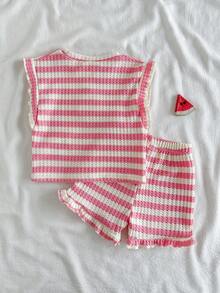 SHEIN Vintaside Kids 2件組女嬰幼童0-3歲春夏休閒日常度假套裝，粉杏色多彩條紋紋理圓領荷葉袖T恤與短褲，可愛島嶼海灘度假風 - 粉色 - 查看 2