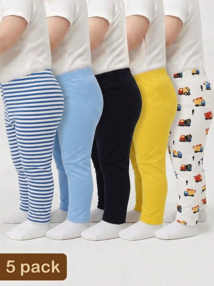 SHEIN Playful Pals 男嬰彈性腰圍休閒百搭日常外出長褲 5件/組