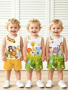 6pcs/Set Baby Boy Outfit, Cute & Lively Forest Animal Print Vest Top Paired With Matching Animal Print Shorts, Fashionable Summer Outfit - Multicolor - View 4