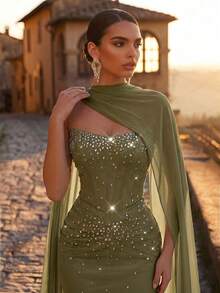 Glamrae Elegant Luxurious Sophisticated Strapless Sheer Mesh Bodice With Boning Exquisite Heavy Beaded Embellishment Asymmetric Mesh Ruffle Hem Bodycon Mermaid Tail With Train (Detachable Strapless Included) Suitable For Date Vacation Single Birthday Party Graduation Back To School Season Wedding Event Women's Afternoon Tea Women's Evening Gown - Army Green - View 4