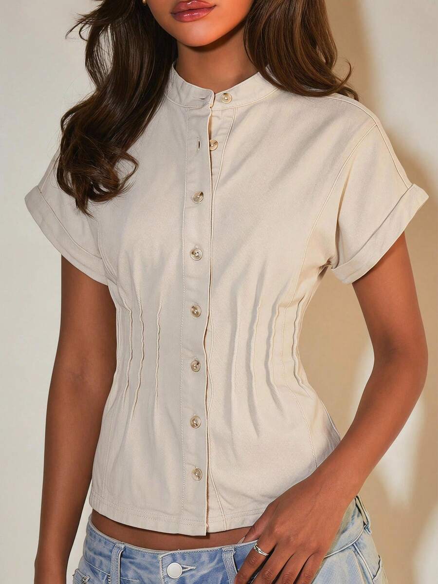 COSMINA Denim 女款素色短袖單排扣收腰牛仔襯衫 米色街頭風休閒日常日穿早午餐秋季女裝 - 杏色 - 查看 1