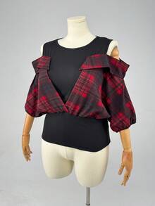 Franclia Talla Grande Diseño de Verano Manga Corta Patchwork a Cuadros 2 en 1 Hombros Descubiertos - Multicolor - Ver 4