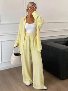Livesso Western Style Beach Vacation Solid Color Casual Loose 2-Piece Set For Women, Spring - Yellow - View 4