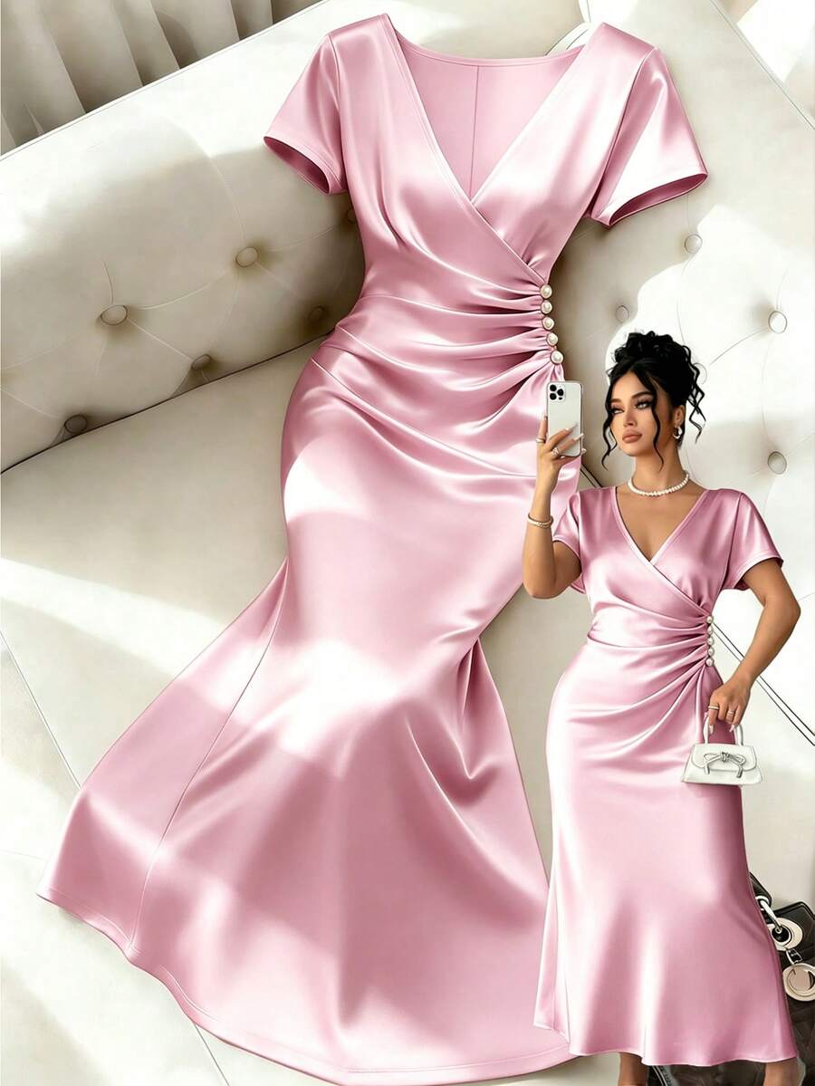 Franclia Plus Size Women Elegant Ruched Pearl Button Decor Short Sleeve Fishtail Dress, Spring/Summer - Pink - View 1