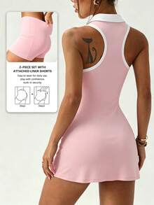 CourtClass 2pcs Spring/Summer Women's Sports Dress, Pink Colorblock Polo Collar Sleeveless Front Colorblock Stripe Split Back Racerback Design, Separate Lining Shorts And Pockets, Suitable For Daily Casual, Running, Yoga, Gym, Tennis, Golf - Pink - View 2