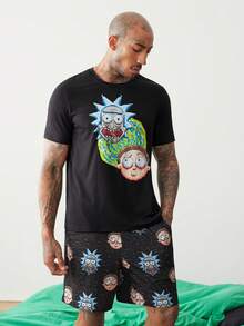 Rick and Morty X SHEIN Conjunto de Roupa de Descanso Masculino com Camiseta de Manga Curta Gola Redonda Estampa de Anime Cartoon e Shorts com Bolso - Preto - Visão 4