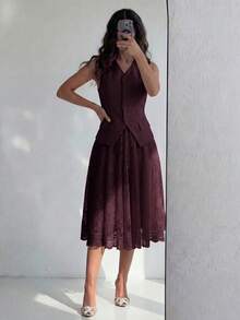 Modelyn 女款春夏黃色編織無袖V領收腰鈕扣裝飾假口袋A字優雅通勤上衣與A字蕾絲優雅浪漫裙 2件套 - 酒紅色 - 查看 9