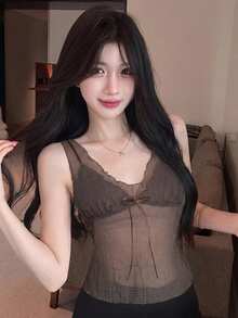 Joudiya 夏季波點滿版印花棕色繫帶細肩帶背心上衣，性感休閒度假風雪紡女款襯衫 - 棕色 - 查看 1