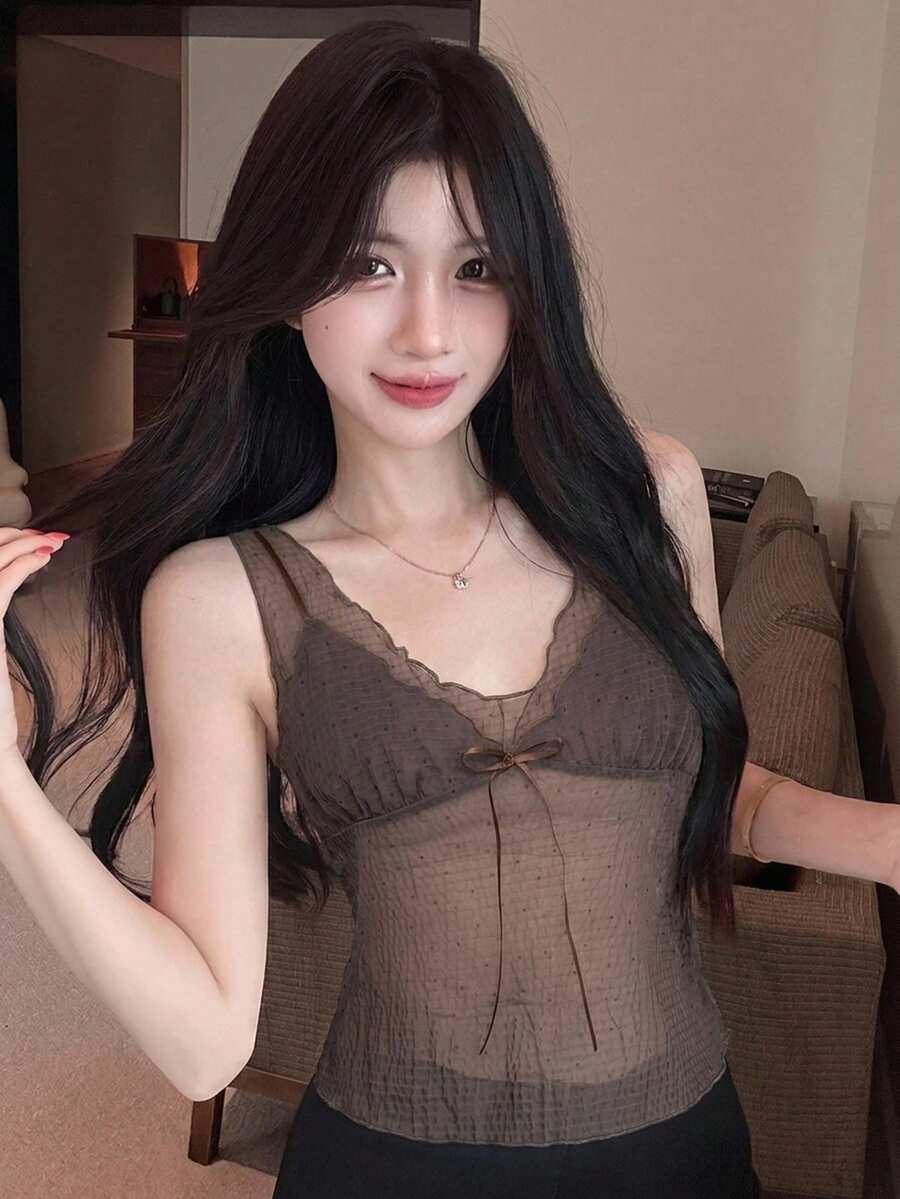 Joudiya 夏季波點滿版印花棕色繫帶細肩帶背心上衣,性感休閒度假風雪紡女款襯衫 - 棕色 - 查看 1